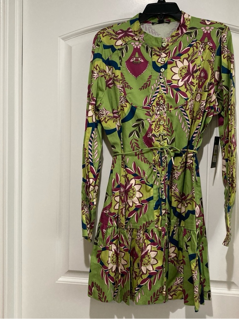 BCBG Green Floral Long Sleeve Tie-Waist Dress Size 14